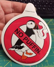 Alaska No Puffin Peel & Stick Sticker - has puffin smoking Round Sticker 4 inch