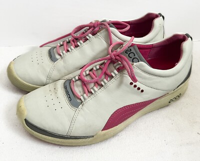 Ecco Sz 40 Leather Golf Shoes Pink White Hybrid Ladies Womens Spikeless Sneakers