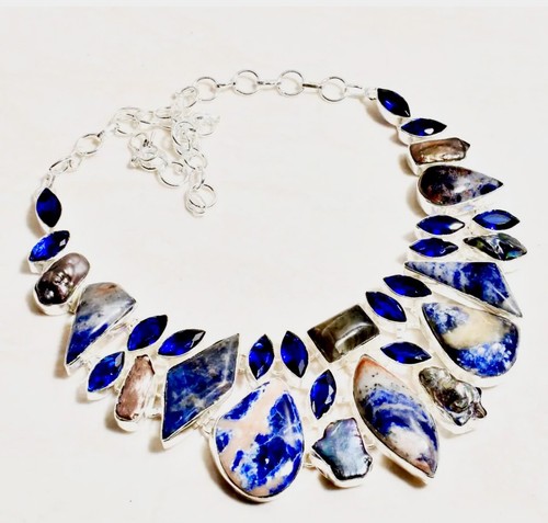 Peaceful Azule Blue Sodalite Biwa Pearl Handmade Big Necklace Jewelry ...
