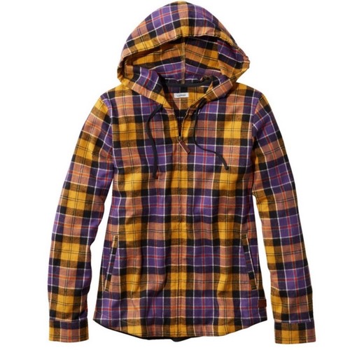 L.L.BEAN Women’s XL Scotch Plaid Flannel Shirt Relaxed Zip Hoodie Purple Gold