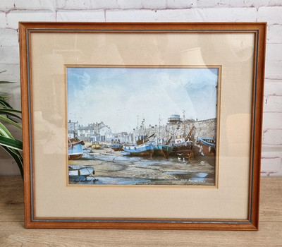 Nigel Hallard Gemälde Druck Cornwall Hafen St Ives Dorf am Meer signiert
