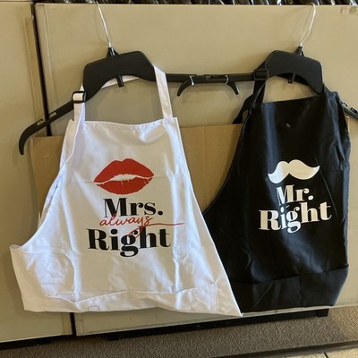 Brand NEW Mr. & Mrs. Always Right Aprons Mustache & Lips Design White & Black