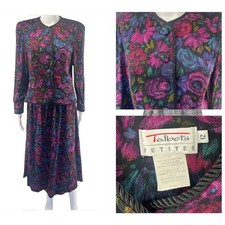 Vintage Talbots Floral Skirt Suit Size 12P Jewel Tones Braided Trim 90s Retro