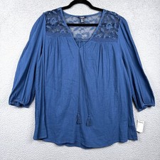 Chaps Top Womens 2X Blue Peasant Boho Floral Lace Flowy Tassel Tunic Romantic