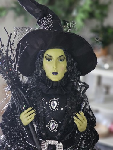 Halloween Witch Broomstick Black Dress Sequins Shelf Sitter Figurine 25” - Picture 16 of 21