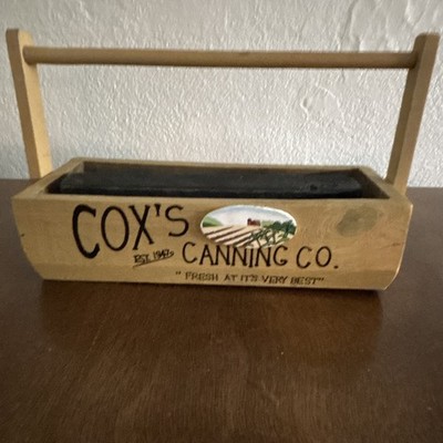 Cox s Canning Co. Vintage Wood Decorative Storage Box Tray w/ Handle Brown