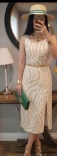 Vintage SEELER Linen Blend Zebra Print Sleeveless Midi Dress Cream Beige EU 42