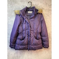 Marvin Richards Purple Puffer Jacket Faux Fur Hood Cinched Waist Womens Medium