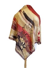 Pure Silk Square Scarf Vintage Abstract Oak Leaf Art Print Gold Red A99