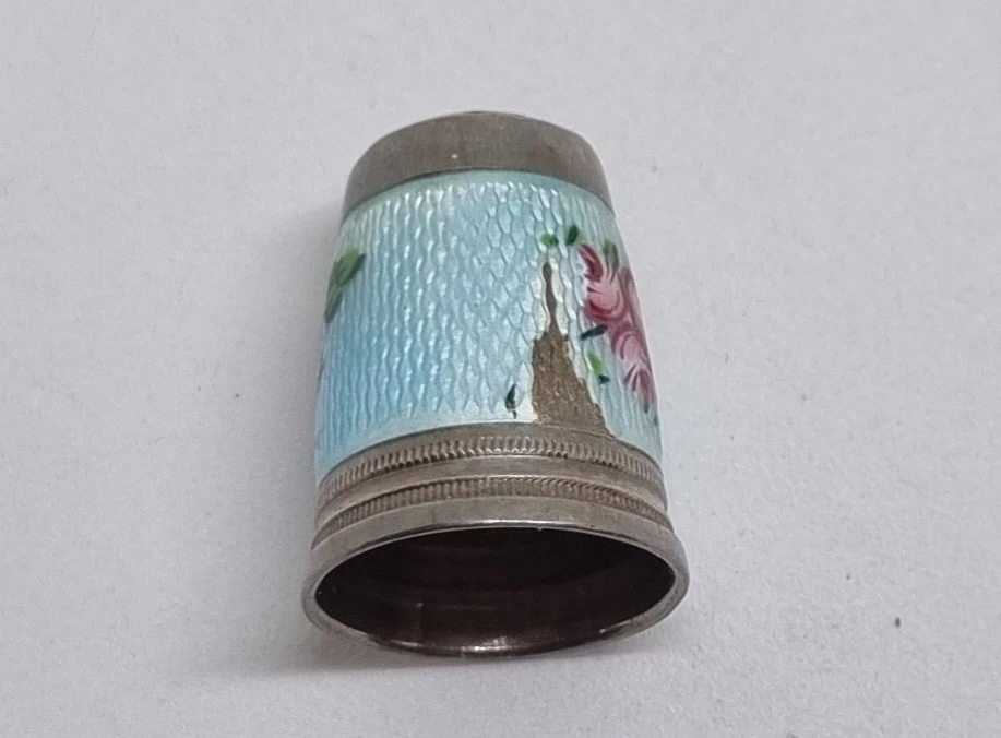 Antiguo dedal de plata esterlina esmalte policromado decoración floral principios del siglo XX Foto 4 de 4