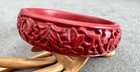 Vintage .75" Wide Carved Red CINNIBAR BANGLE BRACELET 8" Flowers Leaves — photo 3