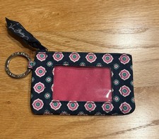 VERA BRADLEY "Petal Dots" Navy Blue Pink Coin Purse ID Holder Zip Case Key Ring