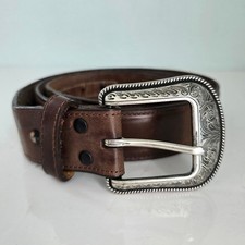 3D Belt Men's 42 Brown Genuine Leather Silver Tone Tooled Buckle Western Cowboy