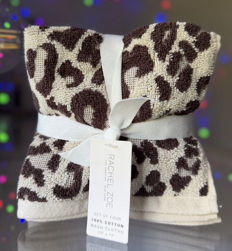 Rachel Zoe Bathroom Wash Cloths Leopard Cheetah Animal Print Towel Brown Beige