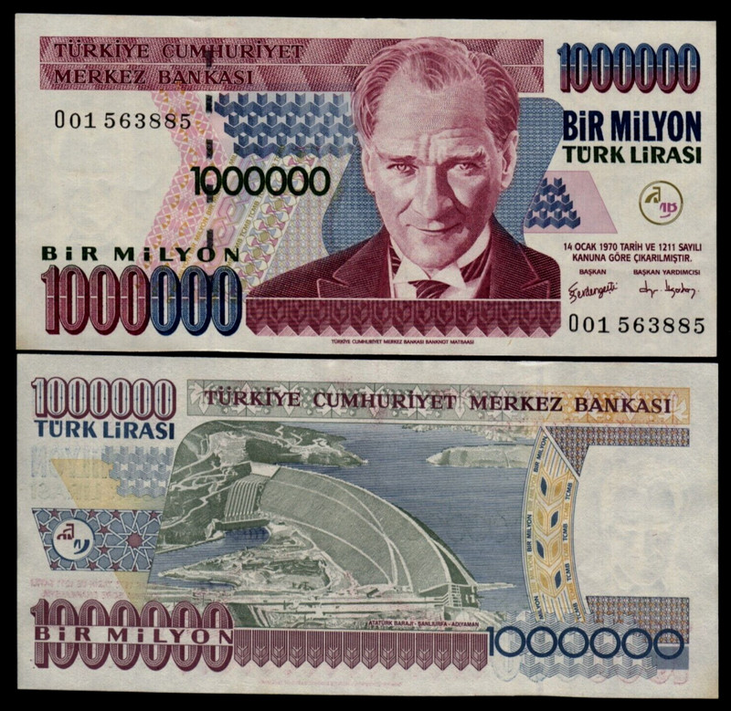 Turkey 1000000 LIRA MILLION P-213 1970 ( 2002 ) DAM Turkish 1,000,000 NOTE Cir