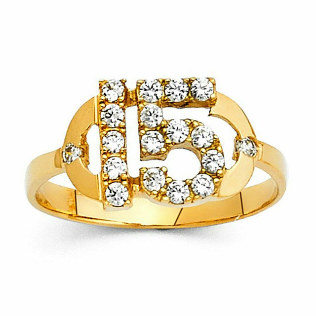 Sweet 15 Quinceañera CZ 14k Yellow Real Italian Gold Ring Oro Quince