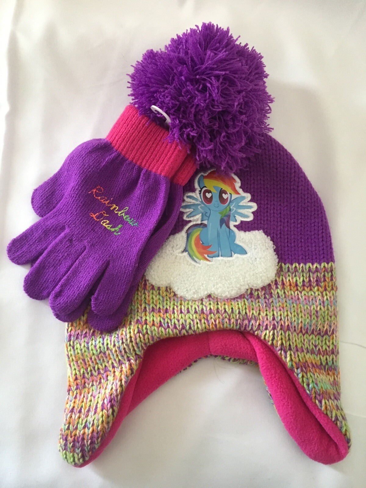 Set berretto e guanti My Little Pony con paraorecchie cappello pom tinta unita viola rosa