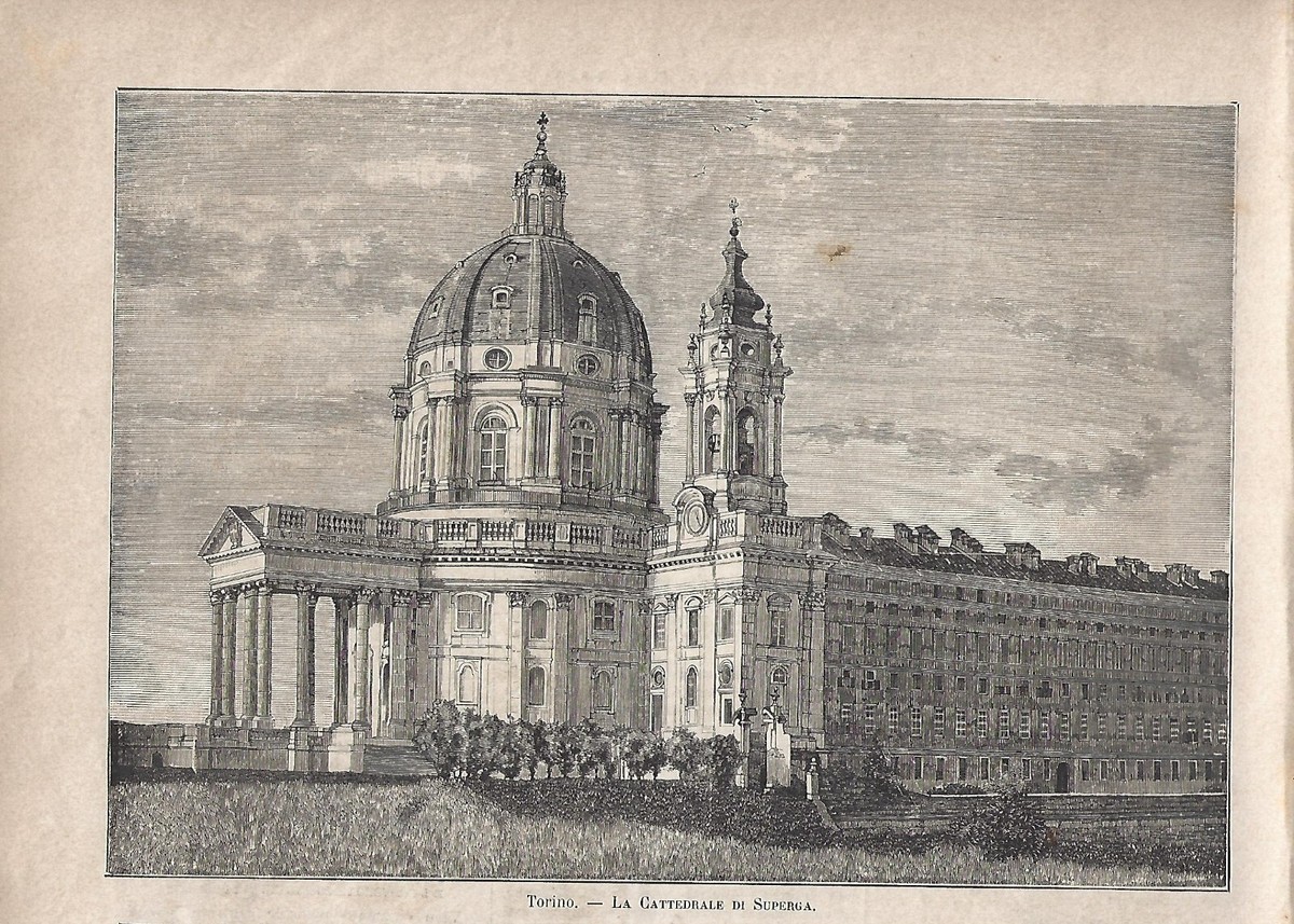 Stampa antica TORINO veduta della BASILICA DI SUPERGA 1884 Antique