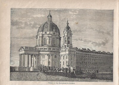 Stampa antica TORINO veduta della BASILICA DI SUPERGA 1884 Antique