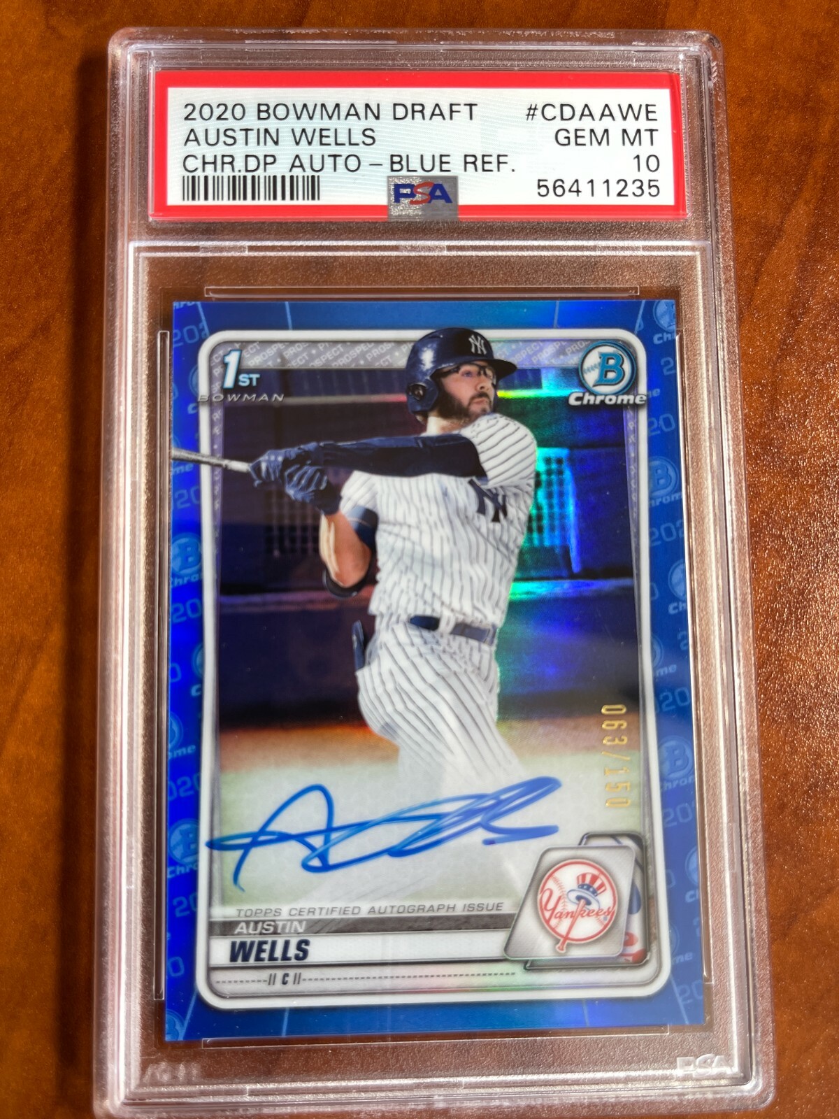 Austin Wells 2020 Bowman Chrome Draft Blue Refractor Auto /150 PSA 10 Yankees
