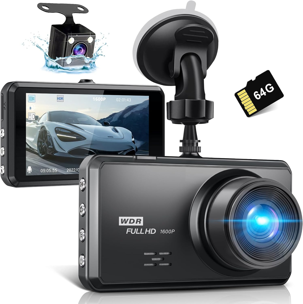 S7 Dash Cam Front Rear w/ 1600P+1080P FHD Dual Dash Camera
