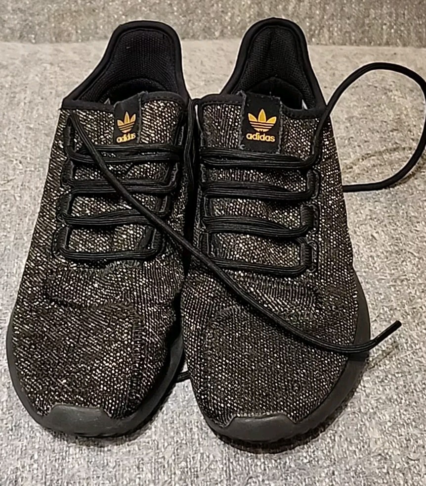 Ladies Adidas Tubular Shadow J Black/ Gold Glitter Sneaker 5.5 100