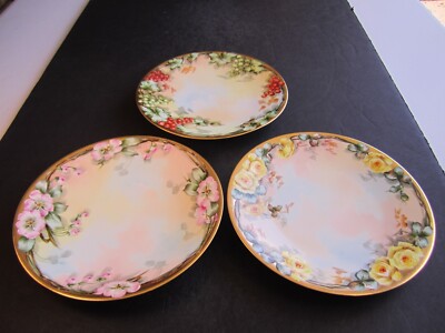 3 Jean Pouyat Limoges JPL France HP Flowers & Fruit Decorated G. Nye Felt Plates