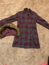 Hurley Small Plaid Coat Jacket Removable Faux Fur Hood Purple & Gray