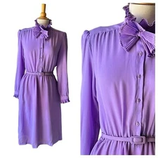 Vintage Lavender Purple Ruffle High Neck 1980s Victorian inspired Midi Dress - L