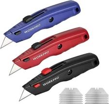 WORKPRO Premium Utility Knife w/10 Extra Blade Quick Change Blade Black/Blue/Red