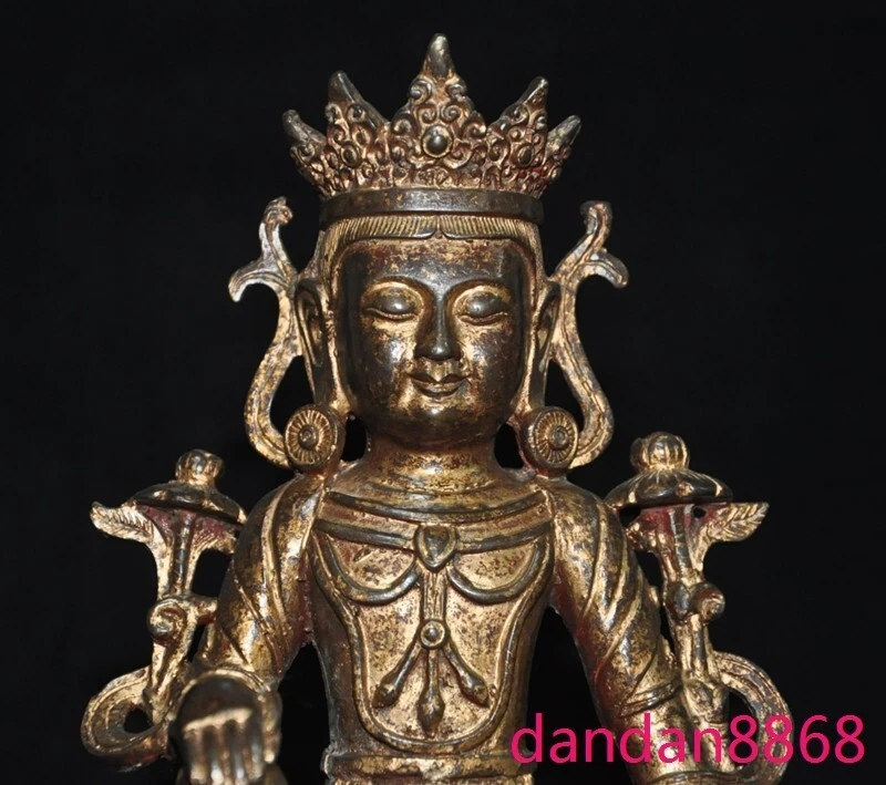 Templo budista tibetano bronce dorado verde Tara Kwan-Yin diosa Buda estatua Foto 2 de 4