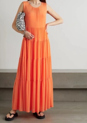 STAUD Benedetta Tiered Stretch Mesh Maxi Dress Nectarine Orange Small $395  NEW | eBay