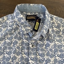 Men's NWT CREMIEUX Premium Short Sleeve Shirt XL Slimmer Blue Paisley NEW D6