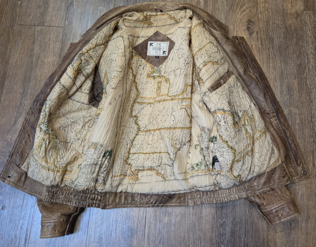 Vintage Phase 2 Leather Jacket Croc Print Map Liner Sz XL Brown Bomber - second product detail image