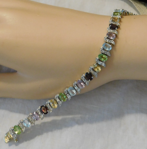 Multi Gemstone Sterling Silver Tennis Bracelet FAS 925 - Picture 11 of 12