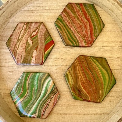 Acrylic Fluid Art Ceramic Hex 4.25'' Tile Cork Backed Coasters Red Green Gold