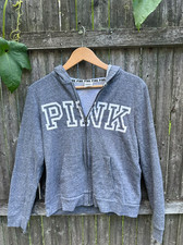 Victoria's Secret PINK Women's M Full Zip Hoodie Heather Gray Varsity Logo Flaw