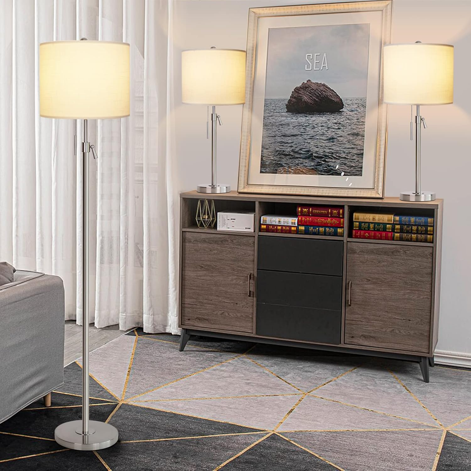 Table Lamps and Floor Lamp Set of 3: Height Adjustable Silver Lamps with White F