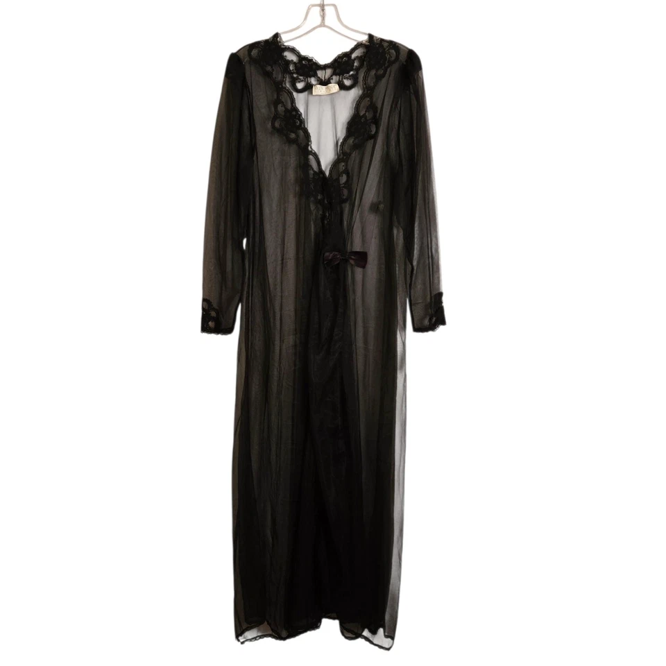 Vintage Val Mode Black Peignoir Set Lace Nylon Nightgown Robe Rare Lingerie Glam - Image 3 of 4