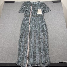 NWT Mac Duggal Sz 10 Blue High Neck Short Sleeve Crystal Fringe Sheath Dress