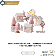 10 Pcs Pink Christmas Village Sets with Tea Light Christmas Decorations