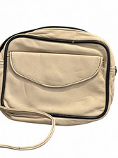 Small Beige Shoulder Bag with Black Trim and Front Flap Pocket #BG1004