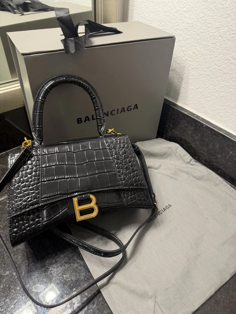 Balenciaga Black Croc Embossed Top Handle Bag w/ Gold B Logo