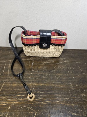 Brighton Poppy Straw Leather Trim Silk Lined Shoulder Bag Madas Plaid Weave