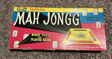 Vintage MAH JONGG Cardinal Game Wood Tiles Plastic racks 1971 Book & Tokens