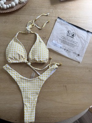 Yellow White Check Plaid Halter Triangle Thong Bikini Set Lined Adjustable M
