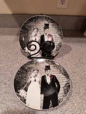 (2) Fun Bones Halloween Skeleton Bride & Groom Wedding Couple Dinner Plates 7.5''