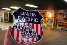 UNION PACIFIC OVERLAND ROUTE PORCEALIN METAL SIGN RAILROAD TRAIN CROSSING GAS 66