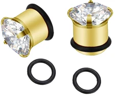 Gold Plugs 0 Ring Style with Prong Cubic Zirconia Surgical Steel- Sold as a Pair