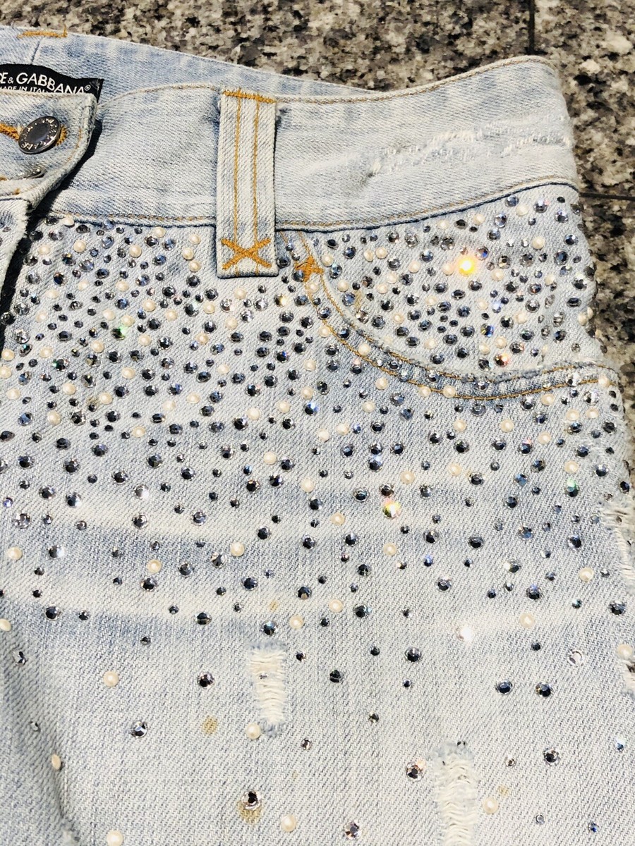 Dolce & Gabbana D&G Light Wash Distressed Beaded Crystal Pearl